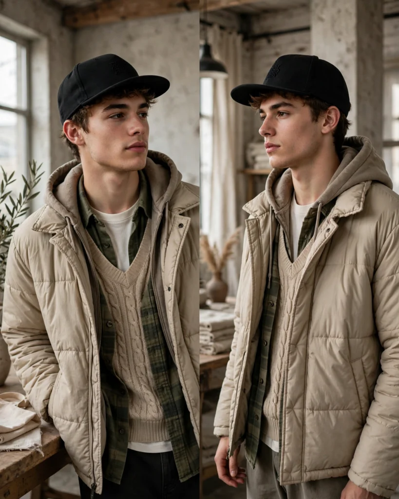 A split-frame editorial photograph showing the same model in five different outfits, each anchored by a structured black snapback with a flat brim. Left to right: monochrome streetwear with cargo trousers and chunky white sneakers; off-duty minimalism with a navy linen shirt and raw denim; layered transitional with a grey hoodie and beige chore jacket; smart casual with a navy unstructured blazer; weekend uniform with a vintage band tee and light-wash denim. The studio is bright with concrete floors and large industrial windows letting in soft daylight.