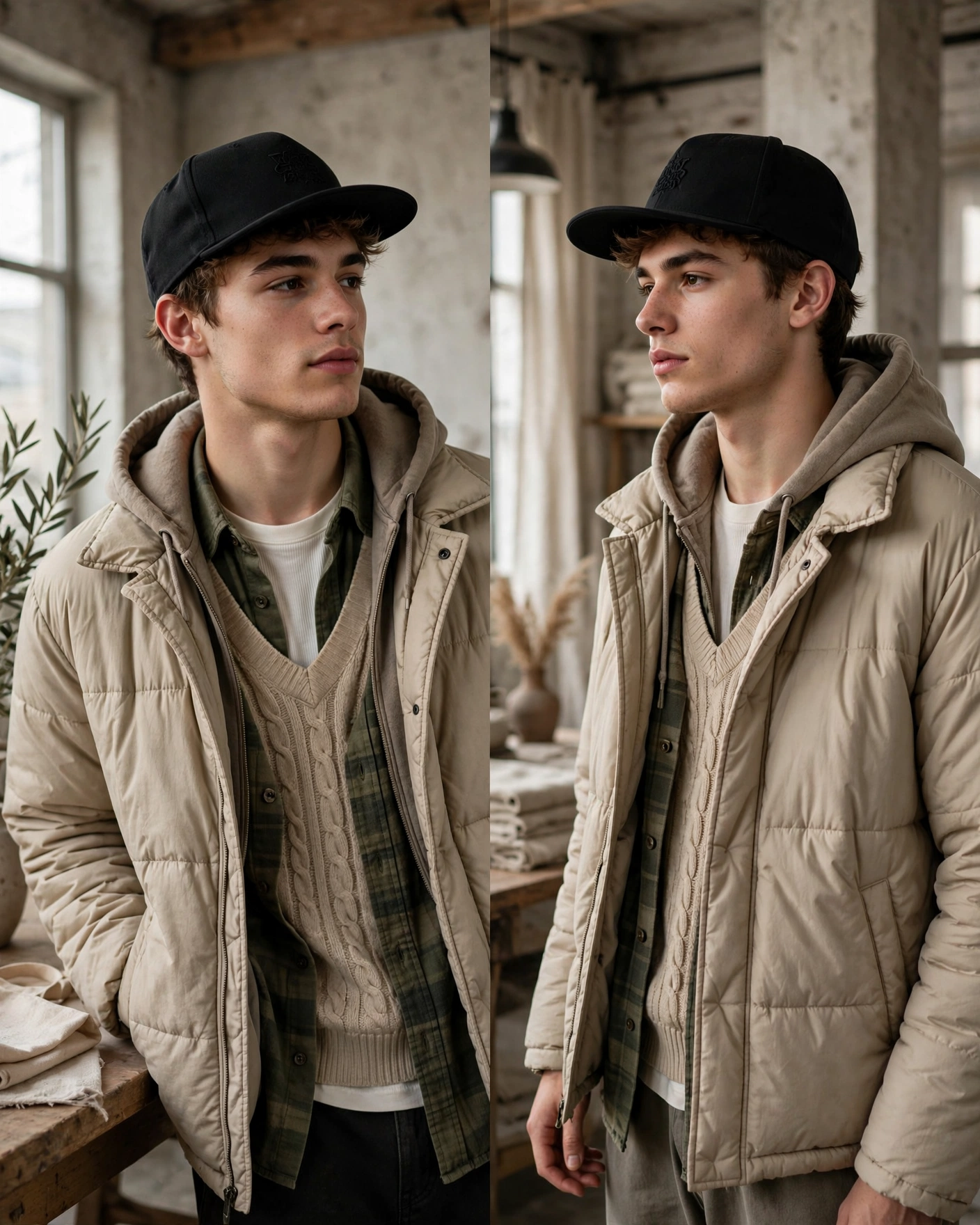 A split-frame editorial photograph showing the same model in five different outfits, each anchored by a structured black snapback with a flat brim. Left to right: monochrome streetwear with cargo trousers and chunky white sneakers; off-duty minimalism with a navy linen shirt and raw denim; layered transitional with a grey hoodie and beige chore jacket; smart casual with a navy unstructured blazer; weekend uniform with a vintage band tee and light-wash denim. The studio is bright with concrete floors and large industrial windows letting in soft daylight.