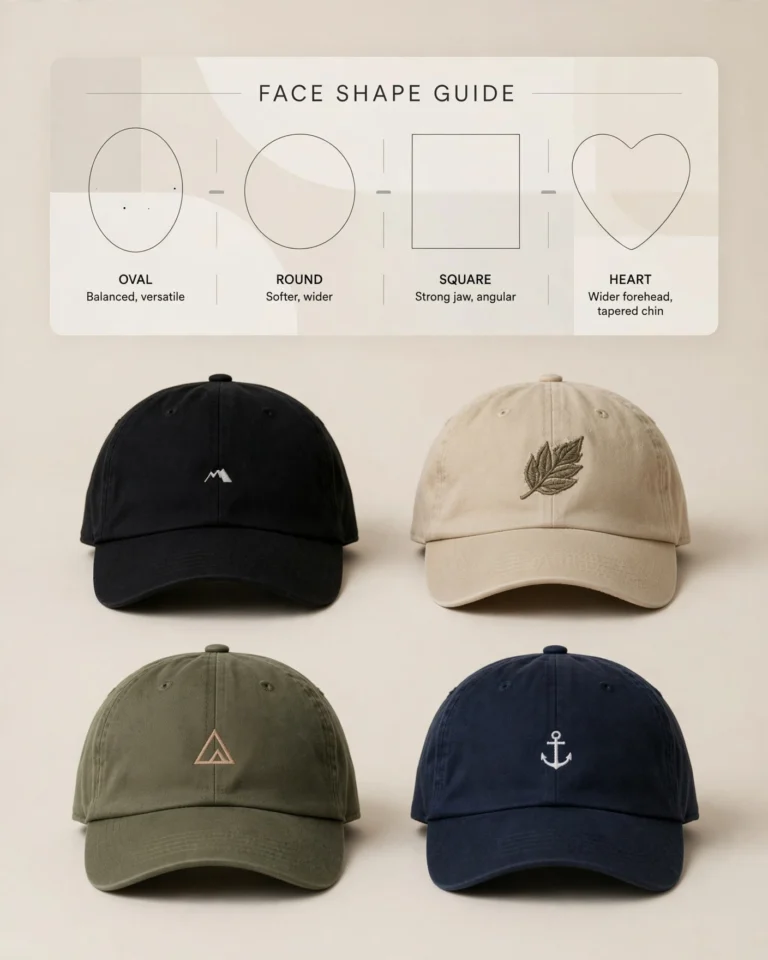 Four men's caps arranged in a row on a neutral grey background. From left to right: a structured black snapback with a flat brim, a heather grey trucker cap with mesh back and curved brim, a soft dark grey wool-blend cap with unstructured crown, and a close-fitting heather grey acrylic beanie with folded cuff. Each cap is shown front-on to display the silhouette and proportions. The background features subtle line drawings of different face shapes (round, square, oval, heart, long) positioned above each cap to indicate which style complements each face shape. Soft studio lighting from above creates gentle shadows under each brim.