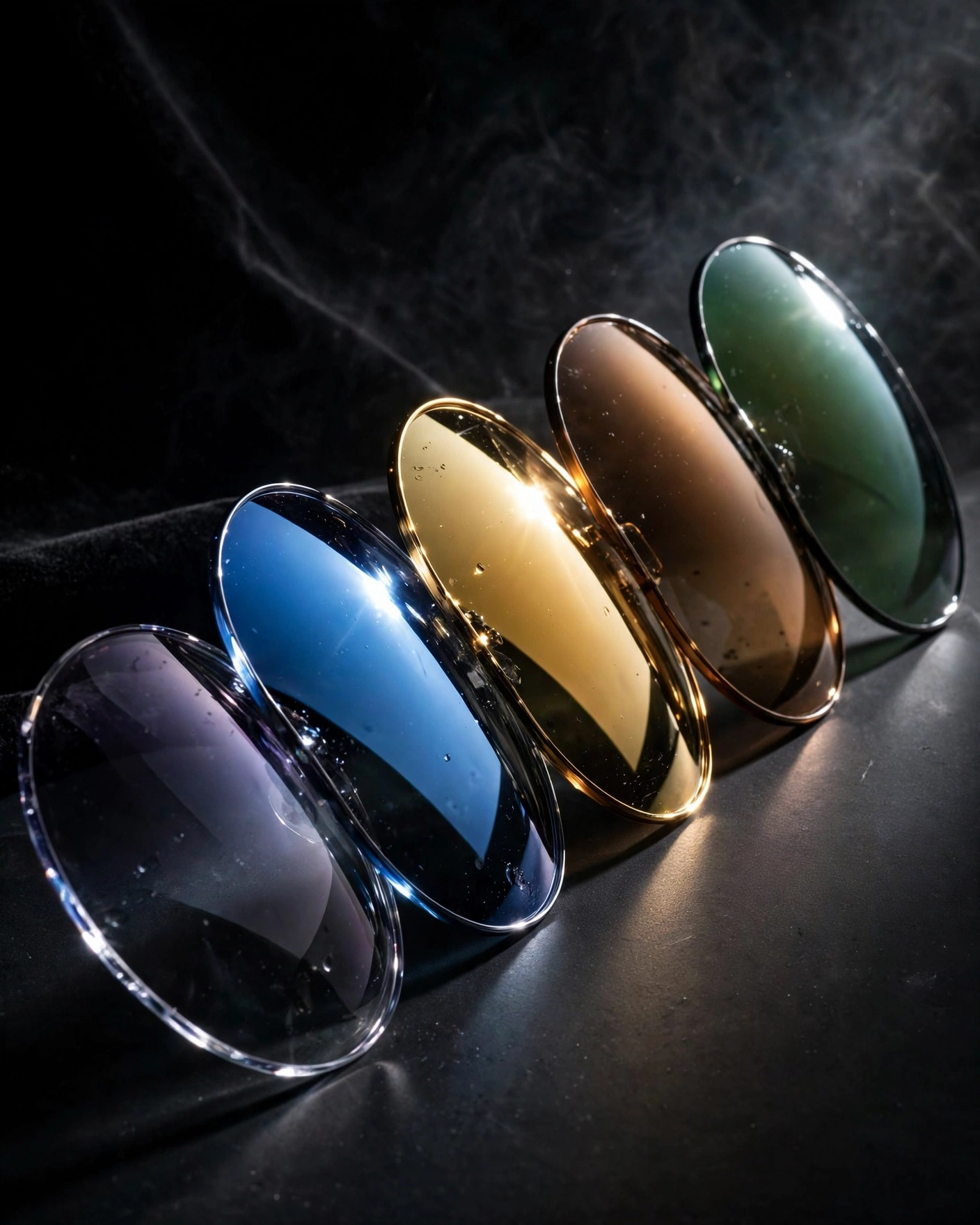 A technical editorial photograph showing four sunglass lenses arranged on a dark surface, each demonstrating a different lens property. A green G15-style lens with subtle glare reduction, a grey color-neutral lens, a brown contrast-enhancing lens, and a yellow high-contrast lens for low light. Each lens is positioned to catch the dramatic overhead studio lighting, showing reflections and tint variations. Behind the lenses, partially visible: the metal frames of aviator, round, and wayfarer silhouettes. The dark background makes the lens colors pop, and the technical lighting creates a scientific, almost laboratory-like mood.