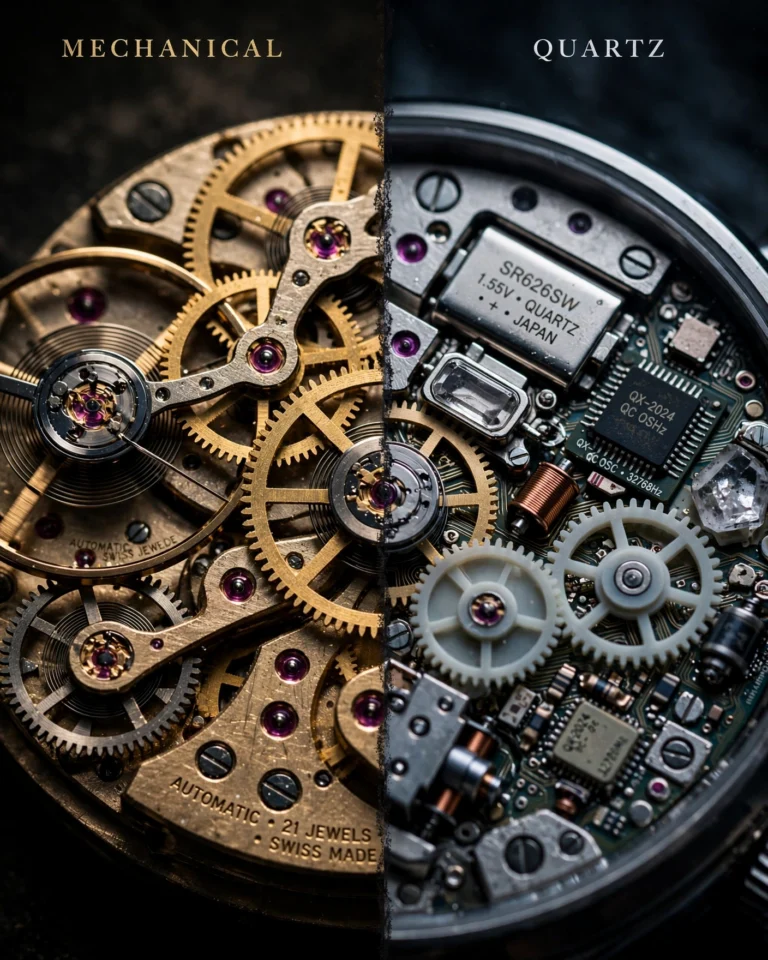 A horizontal split-frame macro photograph comparing watch movements. On the left, the exposed mechanical movement of an automatic watch — visible gears, balance wheel, mainspring barrel, and rotor with intricate engravings. On the right, the compact quartz movement of a battery-powered watch — a clean circuit board with a quartz crystal oscillator and stepping motor. Both movements are photographed at high magnification with dramatic side lighting that reveals the textures and depth of the components. The background is black, isolating the movements and emphasizing their mechanical complexity versus electronic simplicity.
