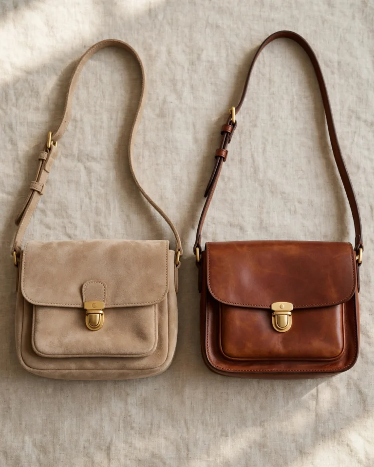 Two crossbody bags placed side by side on a clean off-white surface with soft natural lighting. On the left, a compact crossbody in soft taupe suede leather with an adjustable shoulder strap and visible nap texture. On the right, a crossbody in forest green pebbled leather with a slightly more structured silhouette and visible grain. Both bags are shown from a three-quarter angle that reveals their depth and strap construction. The lighting comes from the upper left, creating soft shadows that emphasize the textural difference between the matte, fibrous suede and the smoother, more reflective pebbled leather.