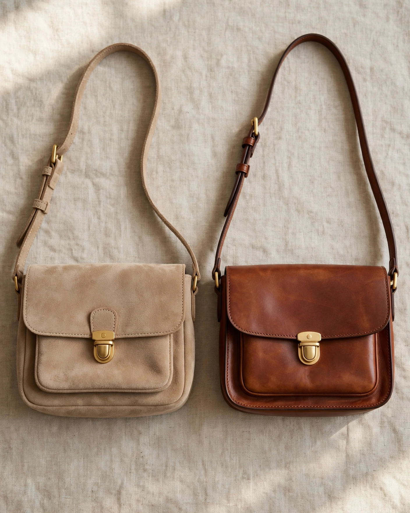 Two crossbody bags placed side by side on a clean off-white surface with soft natural lighting. On the left, a compact crossbody in soft taupe suede leather with an adjustable shoulder strap and visible nap texture. On the right, a crossbody in forest green pebbled leather with a slightly more structured silhouette and visible grain. Both bags are shown from a three-quarter angle that reveals their depth and strap construction. The lighting comes from the upper left, creating soft shadows that emphasize the textural difference between the matte, fibrous suede and the smoother, more reflective pebbled leather.