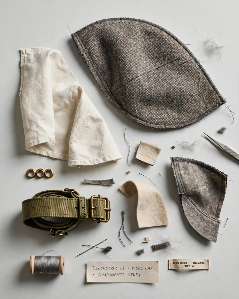 A flat-lay deconstruction of a dark grey wool-blend cap, with its component parts arranged on a white surface. At the center, the main six-panel crown with visible reinforced stitching at the seams. To the sides: a curved pre-shaped brim with stitched edge, a strip of cotton lining for the inner band, embroidered ventilation eyelets (six total), an adjustable back strap with metal buckle, and a small fabric care label. The wool fabric shows its characteristic heathered texture. Studio lighting from above with slight shadow definition to separate each component. The overall mood is technical and educational, like a product exploded-view diagram.