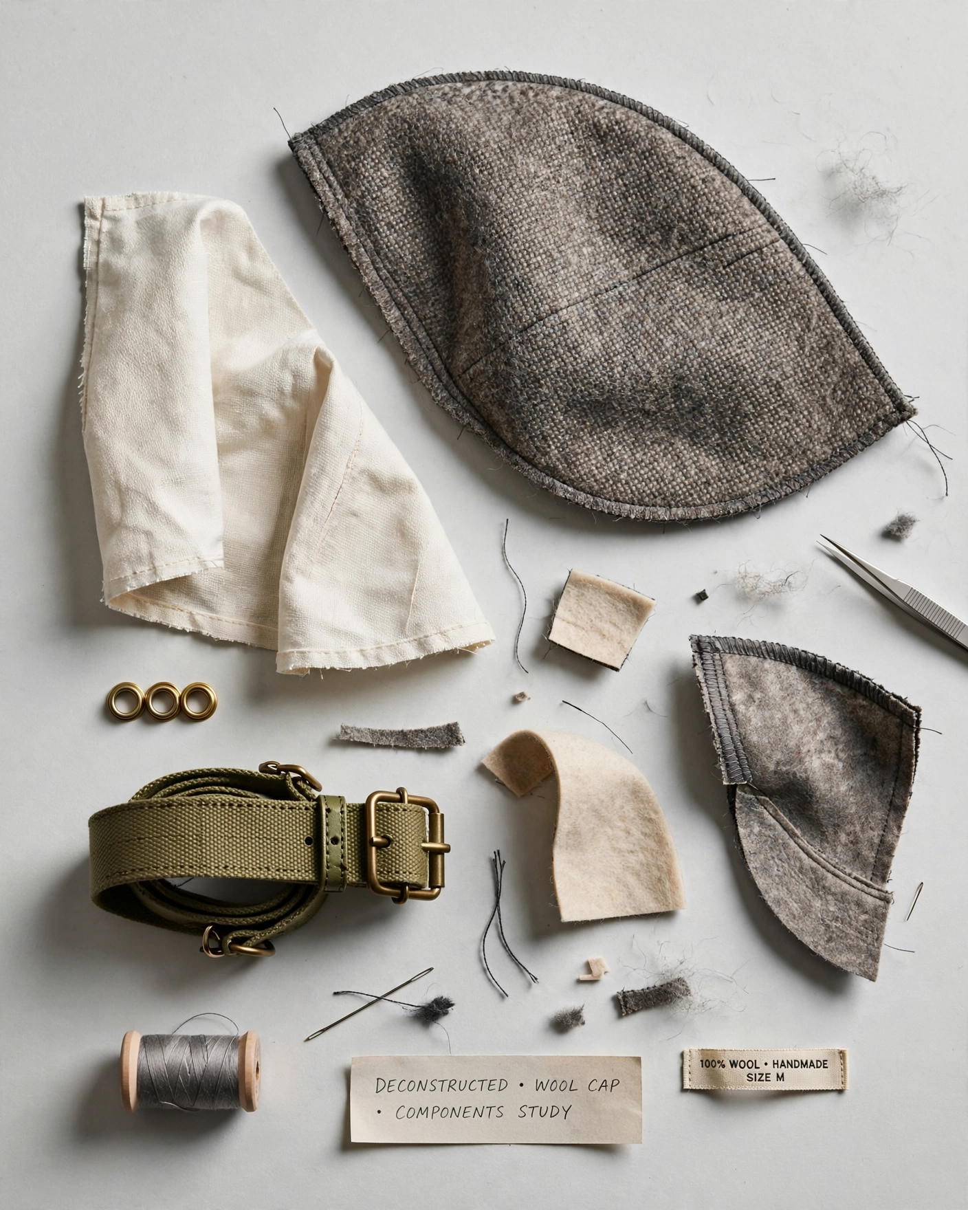 A flat-lay deconstruction of a dark grey wool-blend cap, with its component parts arranged on a white surface. At the center, the main six-panel crown with visible reinforced stitching at the seams. To the sides: a curved pre-shaped brim with stitched edge, a strip of cotton lining for the inner band, embroidered ventilation eyelets (six total), an adjustable back strap with metal buckle, and a small fabric care label. The wool fabric shows its characteristic heathered texture. Studio lighting from above with slight shadow definition to separate each component. The overall mood is technical and educational, like a product exploded-view diagram.