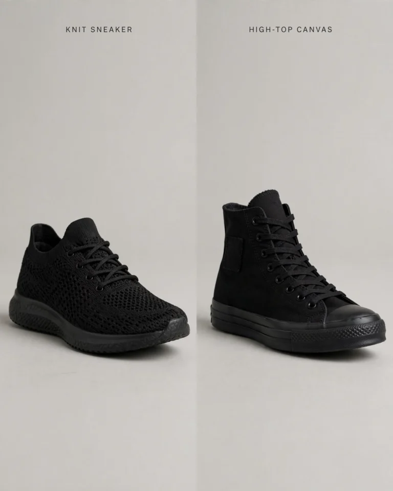 Two pairs of black sneakers placed on a neutral concrete floor with soft studio lighting. On the left, a low-top knit sneaker with sock-like construction, lightweight EVA midsole, and breathable knit upper — shown in three-quarter view to display the flexible, form-fitting silhouette. On the right, a high-top canvas sneaker with padded ankle collar, metal eyelets, and vulcanized rubber sole — shown in profile to emphasize the structured, classic silhouette. Both sneakers are positioned to highlight their material differences: the textured, breathable knit versus the smooth, durable woven canvas. Soft directional lighting creates subtle shadows under each pair.