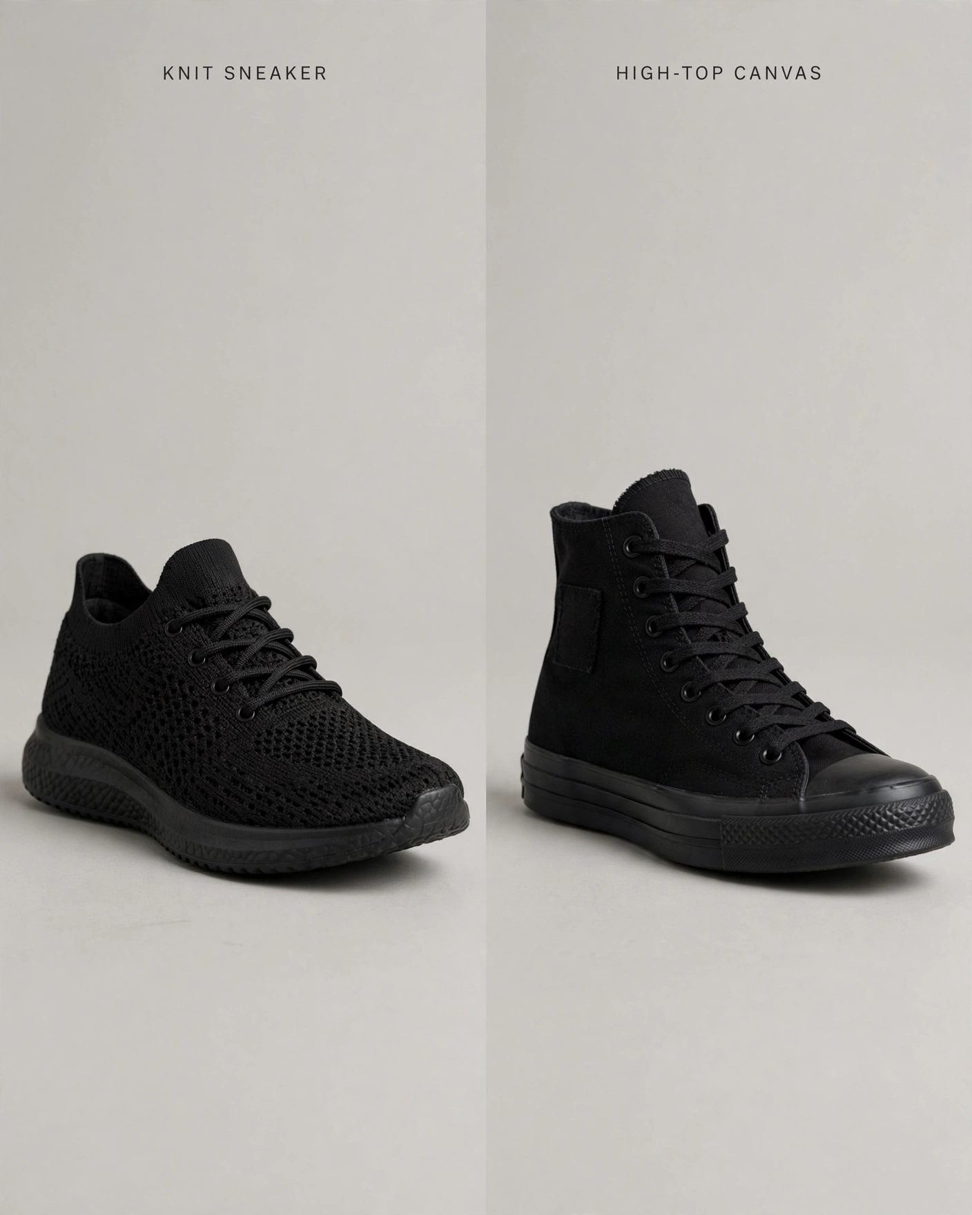 Two pairs of black sneakers placed on a neutral concrete floor with soft studio lighting. On the left, a low-top knit sneaker with sock-like construction, lightweight EVA midsole, and breathable knit upper — shown in three-quarter view to display the flexible, form-fitting silhouette. On the right, a high-top canvas sneaker with padded ankle collar, metal eyelets, and vulcanized rubber sole — shown in profile to emphasize the structured, classic silhouette. Both sneakers are positioned to highlight their material differences: the textured, breathable knit versus the smooth, durable woven canvas. Soft directional lighting creates subtle shadows under each pair.