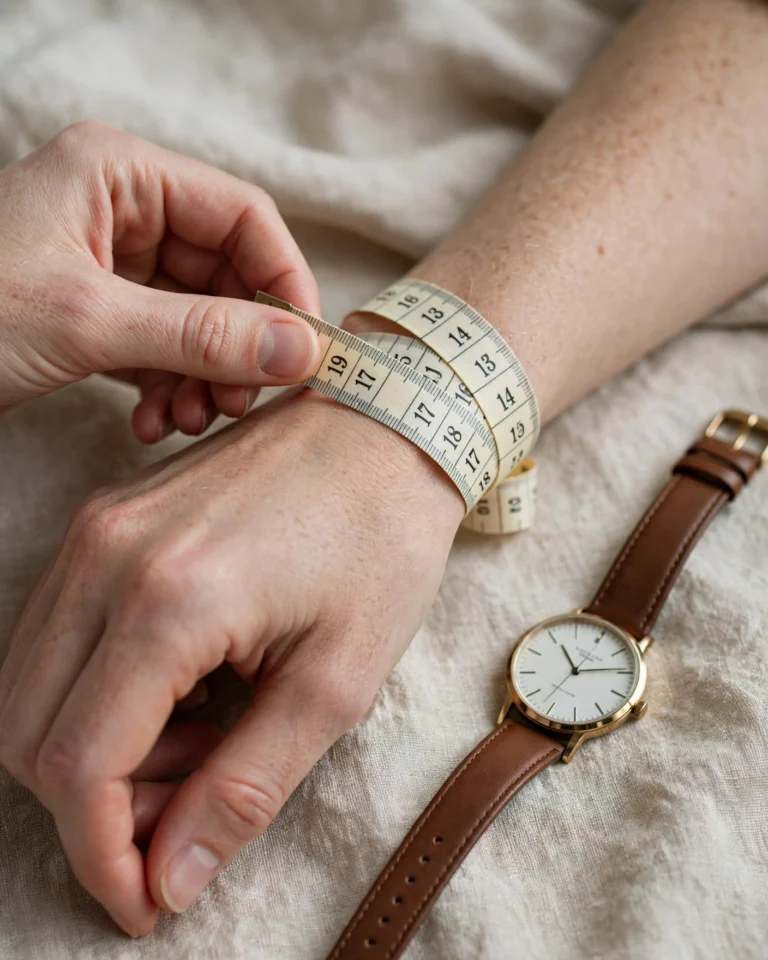 A close-up editorial photograph of a man's wrist being measured with a soft cloth tape measure just below the wrist bone. The fingers are relaxed, and the tape measure wraps snugly around the wrist with the measurement markings visible. To the right of the wrist, on a clean white surface, a minimalist wristwatch with a milanese mesh band sits ready to be tried on. The lighting is soft and natural, coming from the upper left, creating gentle shadows that define the shape of the wrist and hand. The overall mood is instructional and clean, with a focus on the precise moment of measurement.