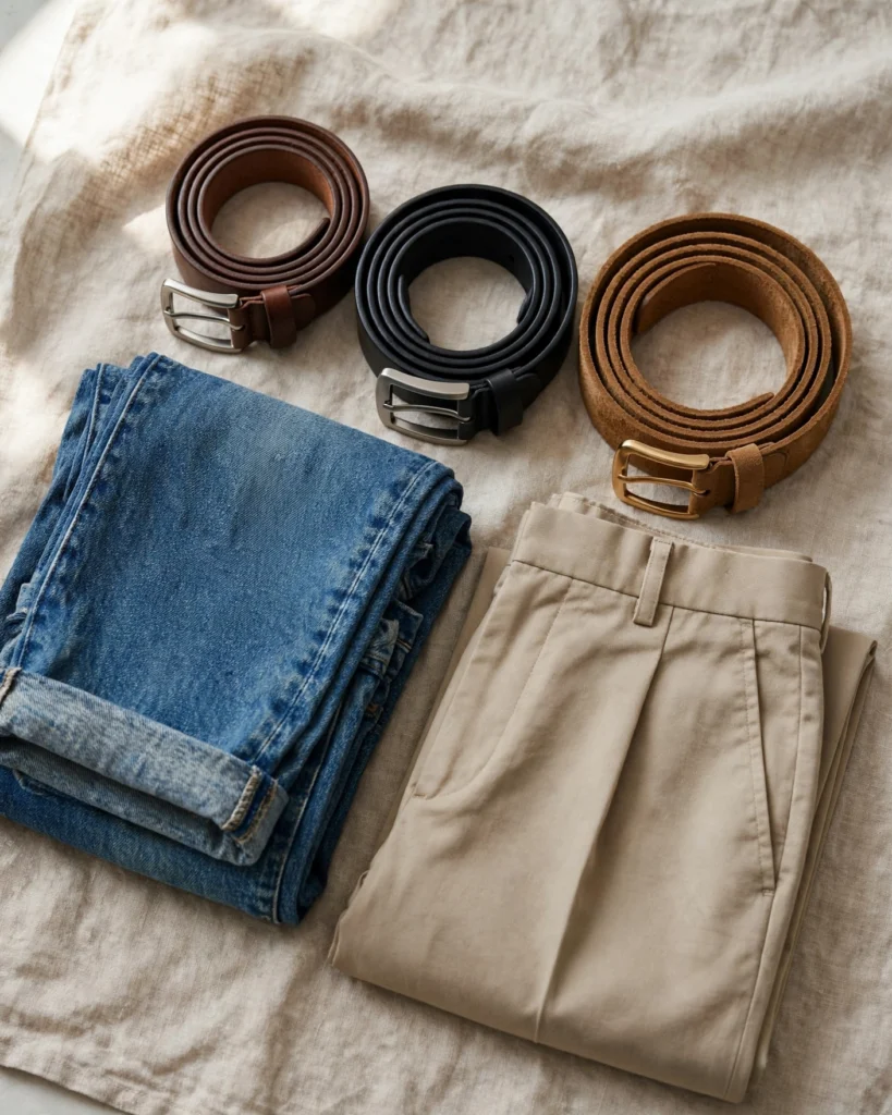 Three men's belts of different widths coiled and arranged on a neutral linen surface with folded denim and chinos. A slim 2.5 cm black leather dress belt with a small silver buckle, a mid-width 3.5 cm dark brown casual leather belt with an antique brass buckle, and a wider 4 cm vintage brown canvas belt with a heavy brass buckle. Each belt is coiled to show its width clearly. To the side: a pair of folded dark indigo raw denim jeans and a pair of beige chinos, suggesting the outfits each belt would complement. Soft overhead lighting with gentle shadows. The composition is organized and educational.