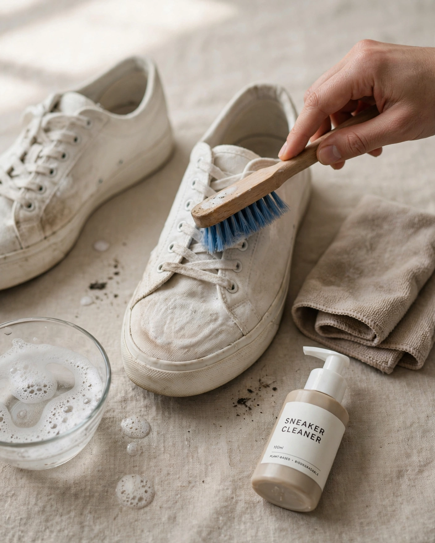 A pair of black canvas high-top sneakers on a neutral concrete surface, mid-cleaning process. A soft-bristle brush rests against one sneaker, a microfiber cloth is draped over the other, and a small bowl of soapy water sits nearby. The sneakers show the cleaning in progress — one side cleaner than the other, demonstrating the before-and-after effect. The white rubber soles and metal eyelets are clearly visible. Soft natural light from a nearby window illuminates the scene, creating a calm, instructional mood. A small towel and a toothbrush for detail cleaning complete the setup.