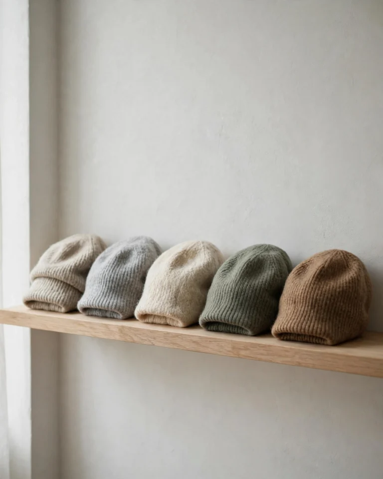 Three wool-blend caps arranged on a light wooden shelf in a minimalist interior setting. A light grey wool cap with a soft unstructured crown, a dark grey wool cap with embroidered eyelets, and a mocha-brown wool cap with a lined inner band visible at the edge. Each cap is positioned to show its crown shape and brim curve. Behind the caps, a window with soft daylight filters through, creating a warm, calm atmosphere. A small wooden box and a folded cotton cloth on the shelf suggest proper storage accessories. The overall mood is quiet and domestic, emphasizing longevity and care.