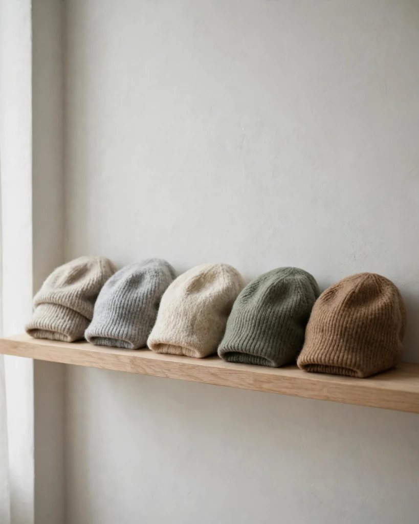 Three wool-blend caps arranged on a light wooden shelf in a minimalist interior setting. A light grey wool cap with a soft unstructured crown, a dark grey wool cap with embroidered eyelets, and a mocha-brown wool cap with a lined inner band visible at the edge. Each cap is positioned to show its crown shape and brim curve. Behind the caps, a window with soft daylight filters through, creating a warm, calm atmosphere. A small wooden box and a folded cotton cloth on the shelf suggest proper storage accessories. The overall mood is quiet and domestic, emphasizing longevity and care.