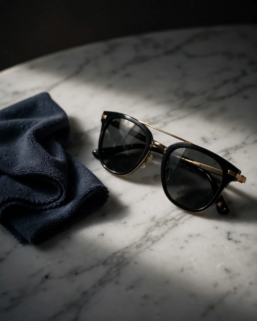 A pair of classic aviator sunglasses with gold-tone frames and green lenses resting on a white marble surface. Beside them, a clean grey microfiber cloth is folded neatly, ready for use. The dramatic overhead lighting creates sharp reflections on the lenses and highlights the polished metal finish of the frames. A soft-case pouch is partially visible in the background, suggesting proper storage. The marble's subtle grey veining provides texture without distraction. The overall composition is minimalist and focused on the care tools, with a quiet, intentional atmosphere.