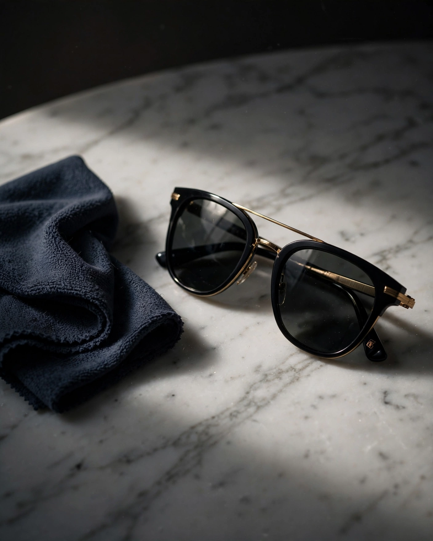 A pair of classic aviator sunglasses with gold-tone frames and green lenses resting on a white marble surface. Beside them, a clean grey microfiber cloth is folded neatly, ready for use. The dramatic overhead lighting creates sharp reflections on the lenses and highlights the polished metal finish of the frames. A soft-case pouch is partially visible in the background, suggesting proper storage. The marble's subtle grey veining provides texture without distraction. The overall composition is minimalist and focused on the care tools, with a quiet, intentional atmosphere.