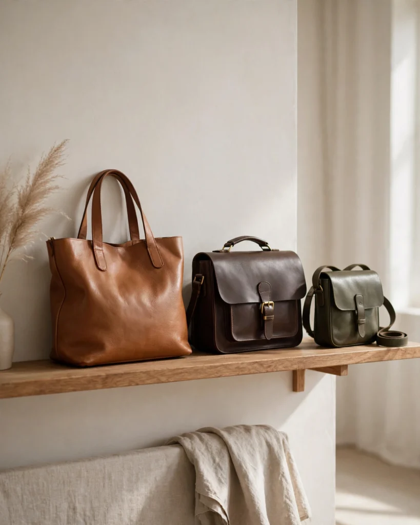 Three leather crossbody bags arranged on a light wooden shelf in a minimalist home setting. A compact forest green pebbled leather crossbody, a burgundy croc-embossed leather crossbody, and a matte black technical fabric crossbody. Each bag is stuffed with acid-free tissue paper to hold its shape, and the straps are tucked neatly inside. The shelf is made of light oak with visible grain, and soft daylight from a nearby window illuminates the scene. A small wooden box and a folded cotton dust bag sit beside the bags. The mood is calm and domestic, emphasizing long-term care.