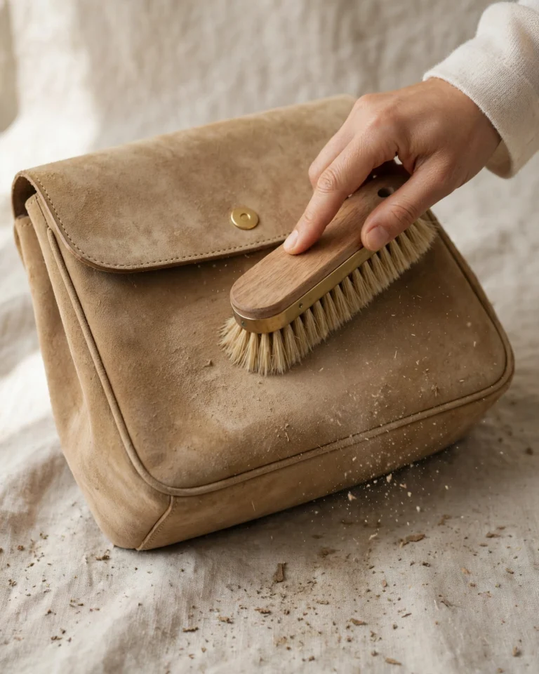 A compact taupe suede crossbody bag on a clean white surface, mid-cleaning. A brass-bristle suede brush rests against the bag's surface, and a suede eraser sits nearby. The bag shows a subtle cleaned area contrasting with a slightly soiled area, demonstrating the cleaning process. Soft directional lighting from the upper left highlights the soft, fibrous nap of the suede and the texture of the brush bristles. A small spray bottle of suede protector is partially visible in the background. The composition is focused on the care process, with a calm, instructional mood.