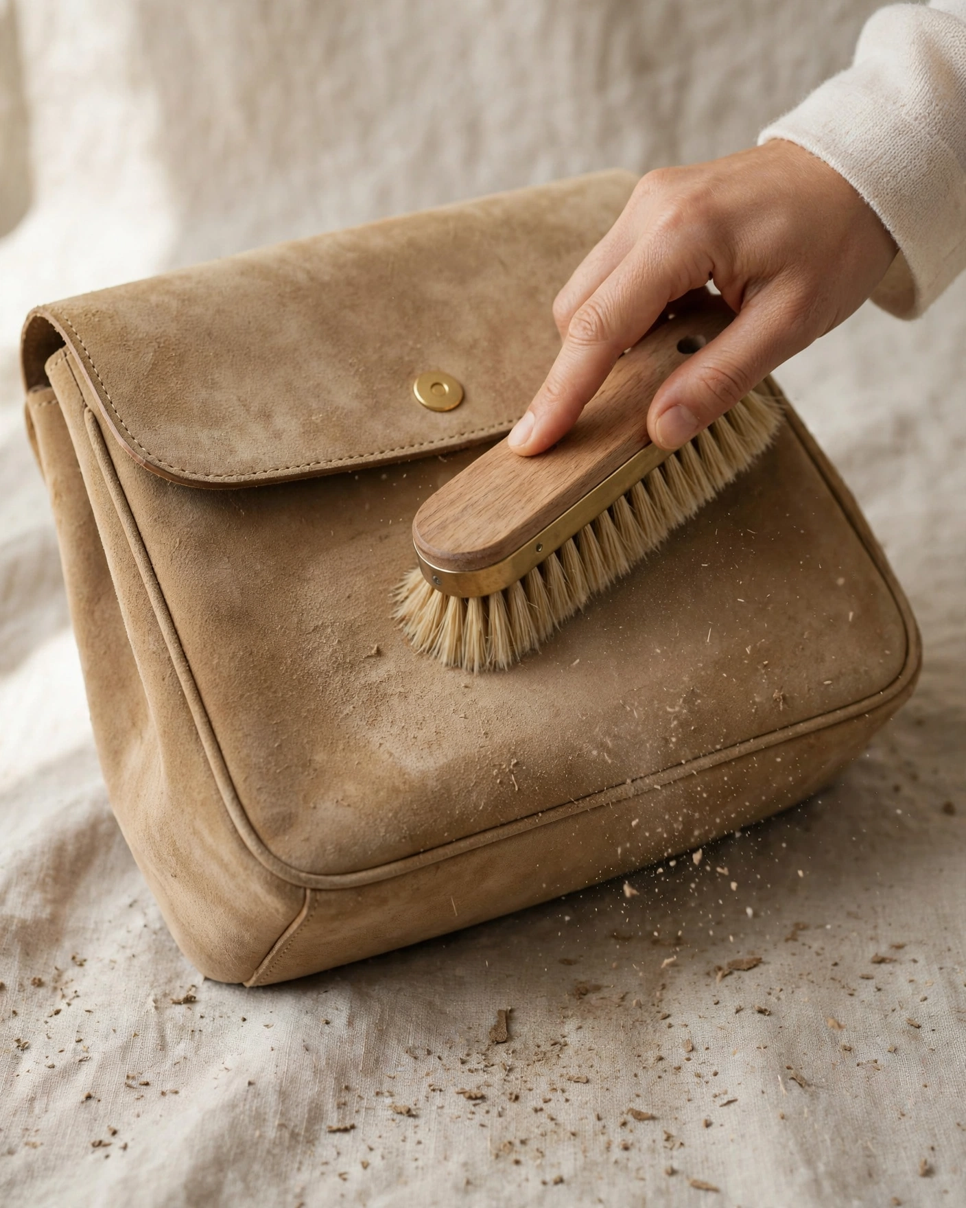 A compact taupe suede crossbody bag on a clean white surface, mid-cleaning. A brass-bristle suede brush rests against the bag's surface, and a suede eraser sits nearby. The bag shows a subtle cleaned area contrasting with a slightly soiled area, demonstrating the cleaning process. Soft directional lighting from the upper left highlights the soft, fibrous nap of the suede and the texture of the brush bristles. A small spray bottle of suede protector is partially visible in the background. The composition is focused on the care process, with a calm, instructional mood.