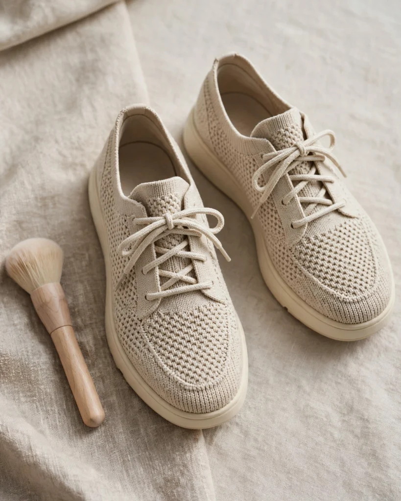 A pair of olive green knit sneakers on a neutral light grey surface. A soft-bristle brush lies across one sneaker, and a microfiber cloth is draped over the other. The knit texture of the upper is clearly visible, with the engineered mesh pattern and the cushioned EVA midsole shown in detail. Soft natural light from the upper right creates gentle shadows that emphasize the sock-like construction and the flexibility of the knit material. A small sneaker-specific cleaning solution bottle is partially visible in the corner. The mood is calm and focused on gentle care.