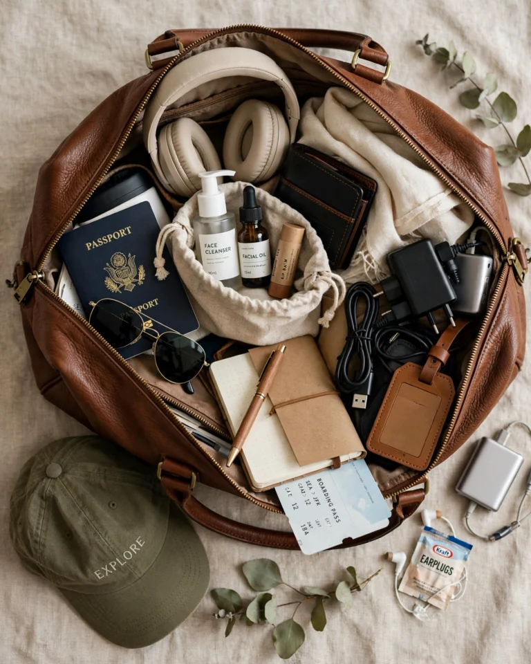 An overhead view of an open leather duffel bag packed with men's travel accessories. A black snapback cap stuffed with socks to hold its shape sits in one corner; a pair of sunglasses in a hard case is nested beside it; a watch in a small padded travel roll is visible; a folded crossbody bag sits on top of folded t-shirts; and a pair of knit sneakers, stuffed with socks, occupies the bottom of the bag. The packing is organized and intentional, with each accessory protected and visible. Soft overhead lighting from a hotel room window creates a travel-ready, anticipatory mood.