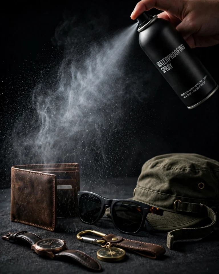 A dramatic editorial photograph showing waterproofing spray in mid-application on a collection of accessories arranged on a dark surface. A fine mist of spray is visible in the air, illuminated by a backlight that creates a visible spray cone. The accessories include a wool cap, a suede crossbody bag, a pair of canvas sneakers, and a watch — all positioned to receive even coverage. The dark background makes the spray mist and the accessories' textures stand out. The mood is technical and instructional, with a slight cinematic quality from the dramatic lighting and visible spray pattern.