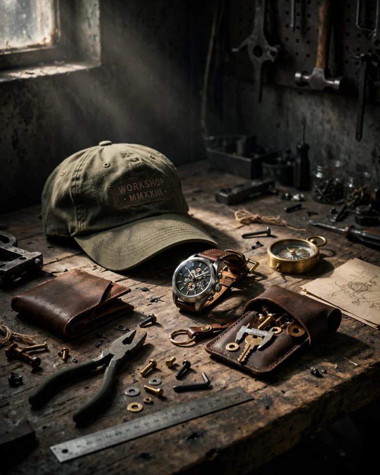 A moody workshop scene with industrial atmosphere. A worn wooden workbench holds a curated arrangement of IT Blacksmiths products: a black snapback cap, a milanese mesh watch, a matte black crossbody bag, and a pair of white sneakers. Behind the bench, a wall of tools and materials — fabric swatches, leather samples, sketches pinned to a board. Dramatic directional lighting from a single source creates strong shadows and warm highlights on the products and tools. A laptop screen glows softly in the background, hinting at the AI design process. The overall mood is craftsmanship-meets-technology, telling the brand story through atmosphere and objects.