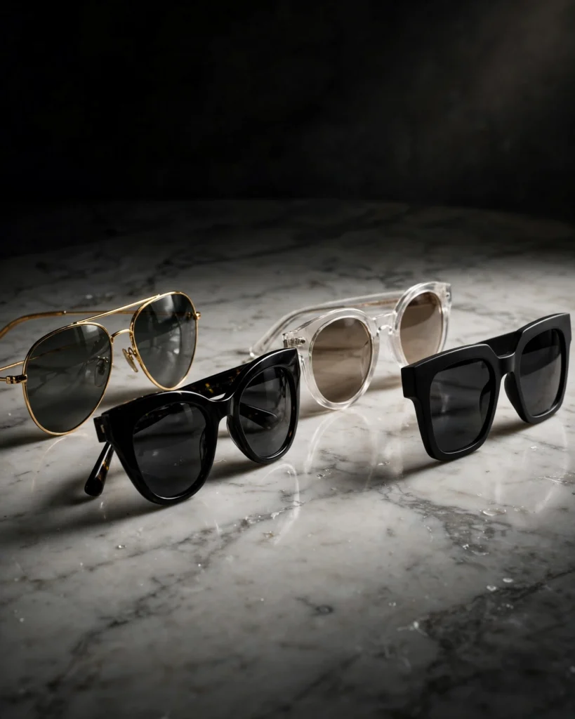 Four pairs of sunglasses arranged in a diagonal line across a white marble surface. Classic gold-tone aviators with green G15-style lenses, round metal-frame sunglasses in polished gold with keyhole bridges, matte black wayfarer-style frames with clean lines, and modern semi-rimless frames with slim titanium-coloured metal. Each pair is positioned at a slightly different angle, allowing the studio lighting to catch the reflections on the lenses. The marble background is clean with subtle grey veining, and the overall mood is technical and editorial.
