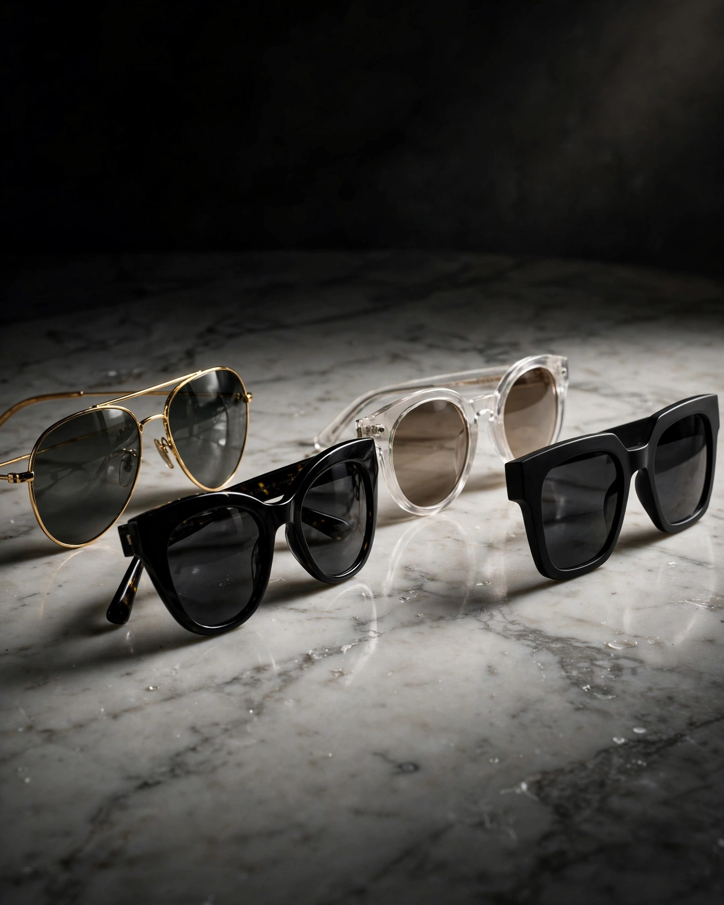 Four pairs of sunglasses arranged in a diagonal line across a white marble surface. Classic gold-tone aviators with green G15-style lenses, round metal-frame sunglasses in polished gold with keyhole bridges, matte black wayfarer-style frames with clean lines, and modern semi-rimless frames with slim titanium-coloured metal. Each pair is positioned at a slightly different angle, allowing the studio lighting to catch the reflections on the lenses. The marble background is clean with subtle grey veining, and the overall mood is technical and editorial.