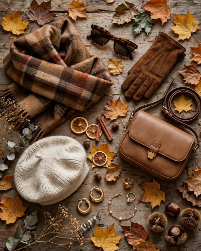 A moody autumn scene with accessories arranged on a dark wooden surface scattered with dried fallen leaves. A mocha wool cap with soft unstructured crown, a burgundy croc-embossed leather crossbody bag, a forest green pebbled leather crossbody bag, a pair of mid-cut dark brown leather lace-up boots, and a chunky knit scarf in navy. The lighting is soft and golden, suggesting late autumn afternoon sun filtering through trees. The colors are rich and warm — mocha, burgundy, forest green, cognac, navy. The mood is seasonal and contemplative, capturing the texture and weight of fall/winter dressing.