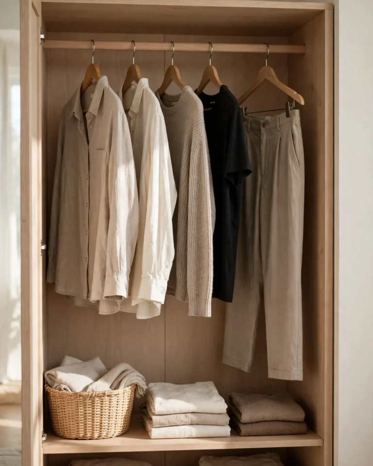 A section of a minimalist wardrobe with neutral-colored clothing hanging on light wooden hangers against a white wall. A black unstructured blazer, a white oxford shirt, a beige cashmere sweater, charcoal trousers, raw indigo denim, and a white crew-neck tee — all hung with even spacing. On the shelf below, a black leather belt, a pair of white leather sneakers, and a minimalist watch with a milanese band. The composition is clean and uncluttered, with soft natural light from the left creating gentle shadows. The mood is calm, intentional, and aspirational — the visual definition of a curated capsule wardrobe.