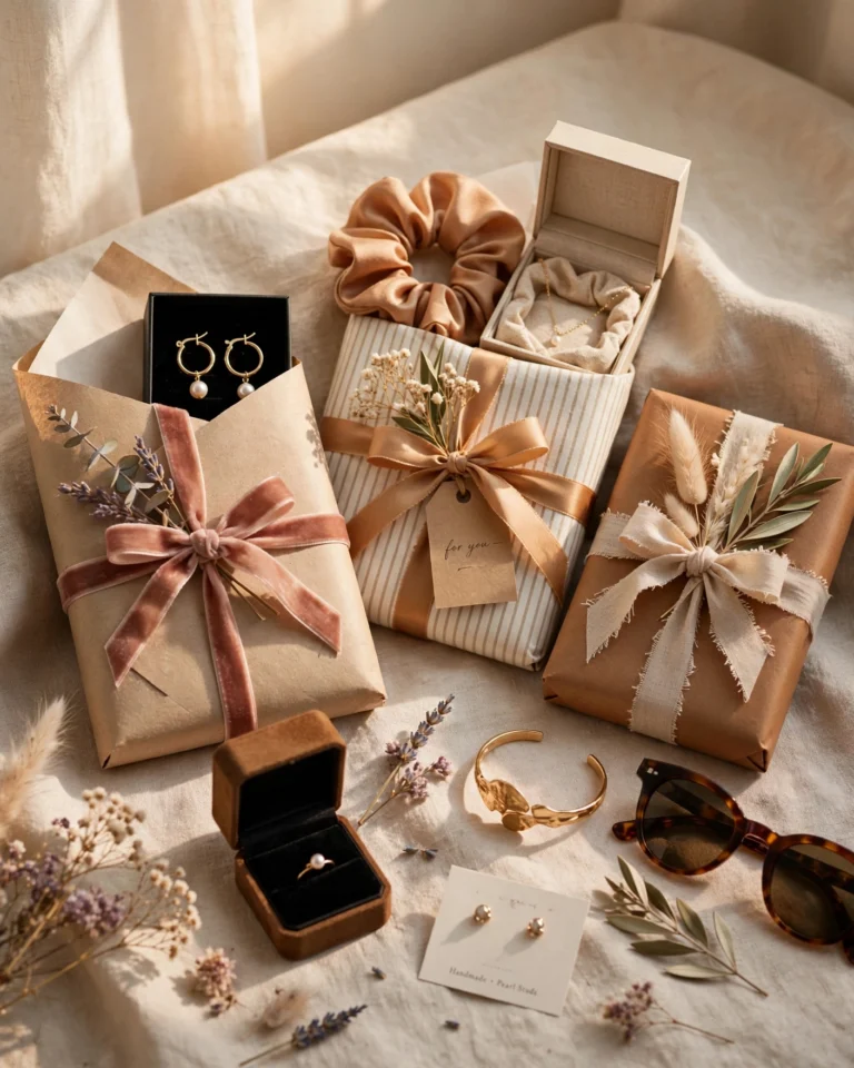 A collection of small gift-wrapped accessories arranged on a wooden surface with soft warm lighting. A black snapback cap in brown kraft paper with twine, a pack of cotton crew socks wrapped in linen fabric, a pair of round gold sunglasses in a small gift box with a ribbon, and a dark grey wool cap in simple wrapping. Each gift is tagged with a small handwritten card. Scattered around: pinecones, a sprig of evergreen, and a few wrapped candies for seasonal atmosphere. The lighting is warm and golden, suggesting indoor evening light. The mood is festive and personal, capturing the thoughtfulness of affordable gift-giving.