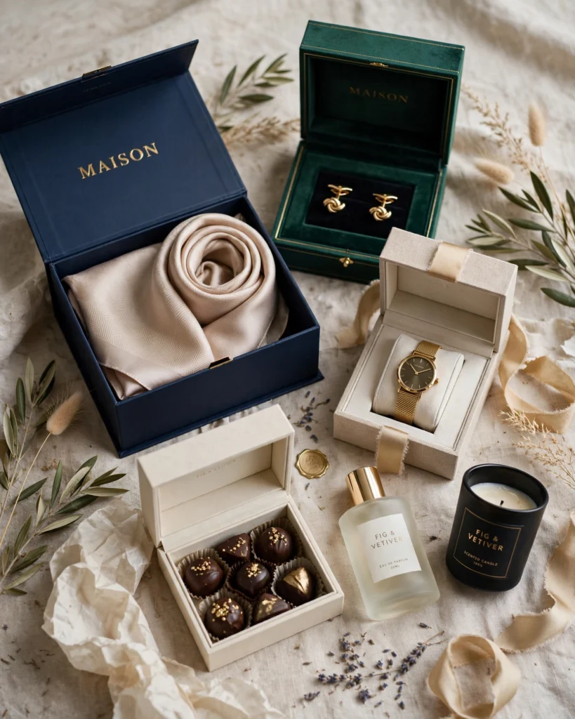 Three premium accessories presented in their gift boxes on a dark velvet surface. A modern milanese mesh watch in a black presentation box with a velvet cushion; a forest green pebbled leather crossbody bag in a cream-colored dust bag; and a pair of classic aviator sunglasses in a leather case. Each item is positioned to show its premium quality — the watch's polished case, the leather's grain, the aviator's gold-tone finish. Soft directional lighting from the upper right creates elegant highlights and deep shadows on the velvet. The mood is luxurious and ceremonial, suitable for milestone occasions.