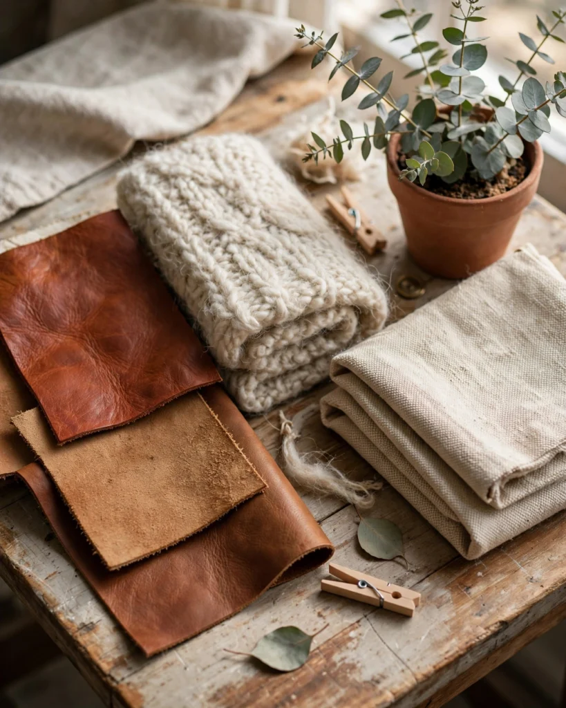 A carefully arranged flat-lay of natural materials on a light wooden table. Leather swatches in different finishes (smooth, pebbled, croc-embossed), folded pieces of wool fabric in grey and mocha, a square of natural canvas, and a small potted succulent plant for a touch of green. The arrangement suggests a raw-materials mood — the foundation of fashion before production. Soft natural light from a nearby window illuminates the textures and colors. A small handwritten note in the corner reads "natural materials, intentional design." The mood is grounded, honest, and quietly aspirational, communicating the brand's sustainability values through materials.