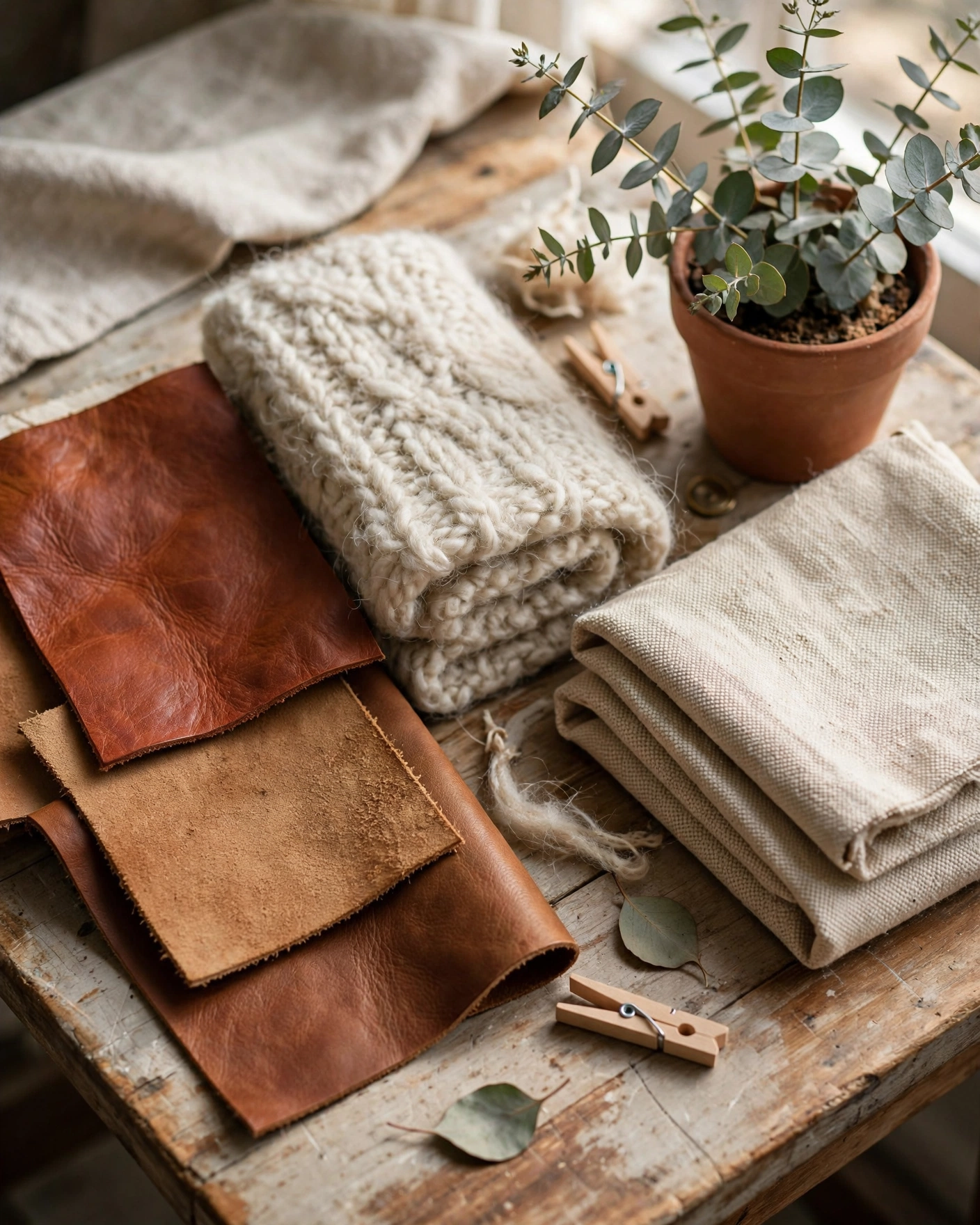 A carefully arranged flat-lay of natural materials on a light wooden table. Leather swatches in different finishes (smooth, pebbled, croc-embossed), folded pieces of wool fabric in grey and mocha, a square of natural canvas, and a small potted succulent plant for a touch of green. The arrangement suggests a raw-materials mood — the foundation of fashion before production. Soft natural light from a nearby window illuminates the textures and colors. A small handwritten note in the corner reads "natural materials, intentional design." The mood is grounded, honest, and quietly aspirational, communicating the brand's sustainability values through materials.