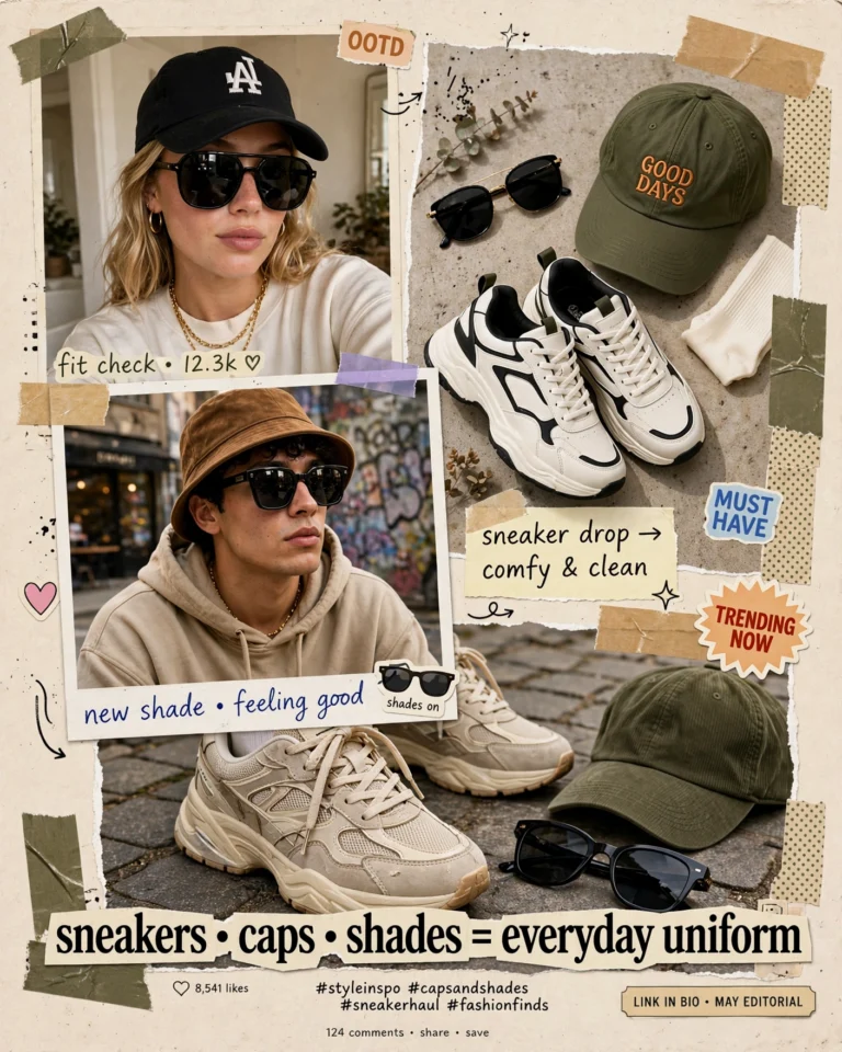 A four-panel collage in the style of social media flat-lays, each showing a different styling of IT Blacksmiths products. Top-left: a structured black snapback with gold-tone aviators and a white tee on a marble background. Top-right: olive knit sneakers with earth-toned trousers and a linen shirt on a wooden floor. Bottom-left: a matte black crossbody bag with a hoodie and cargo pants in an urban setting. Bottom-right: a mocha wool cap with a camel coat and scarf in autumn light. Each panel has a slightly different aspect ratio and lighting quality, mimicking the variety of social media content. The overall mood is contemporary and relatable.