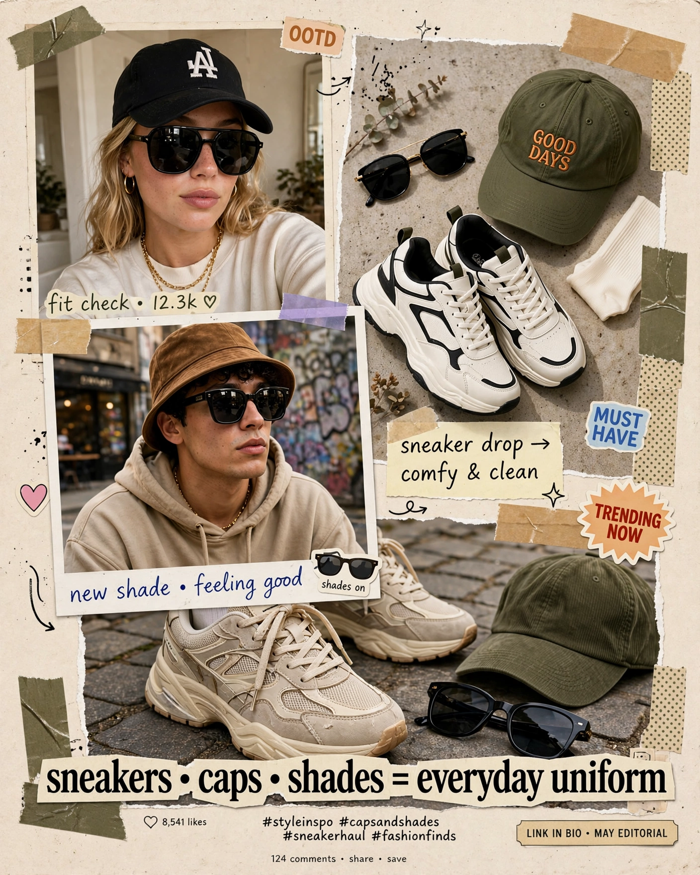 A four-panel collage in the style of social media flat-lays, each showing a different styling of IT Blacksmiths products. Top-left: a structured black snapback with gold-tone aviators and a white tee on a marble background. Top-right: olive knit sneakers with earth-toned trousers and a linen shirt on a wooden floor. Bottom-left: a matte black crossbody bag with a hoodie and cargo pants in an urban setting. Bottom-right: a mocha wool cap with a camel coat and scarf in autumn light. Each panel has a slightly different aspect ratio and lighting quality, mimicking the variety of social media content. The overall mood is contemporary and relatable.