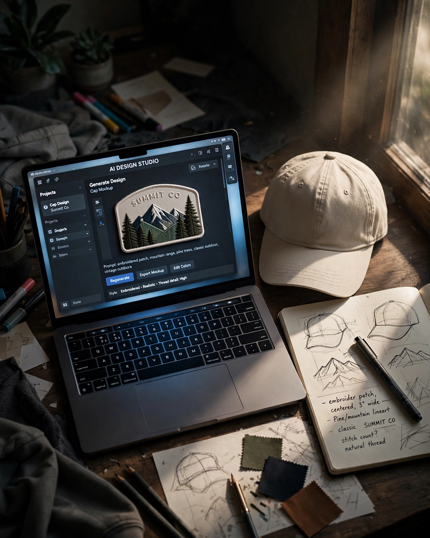 A modern designer workspace photographed from above. A laptop screen displays an AI design interface with a 3D cap mockup and color palette tools. Beside the laptop: a physical prototype cap in black, a leather-bound notebook with sketches, fabric swatches pinned to a cork board, and a ceramic coffee cup. The desk is light wood, clean and organized. Dramatic overhead lighting creates focused illumination on the laptop screen and casts soft shadows across the workspace. A window in the background shows soft daylight. The mood is contemporary and forward-looking, capturing the intersection of human creativity and AI tools in fashion design.