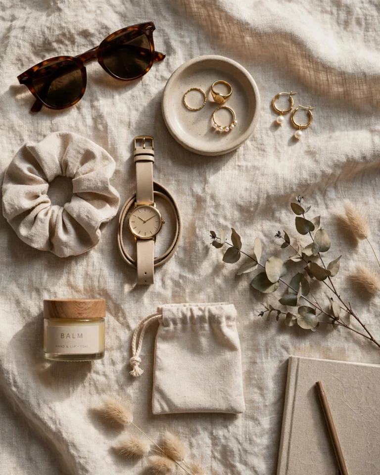 A flat-lay composition of five neutral-colored men's accessories arranged on a natural linen surface. A black six-panel snapback cap with flat brim, a pair of clean white low-top leather sneakers with perforated side panels, a minimalist wristwatch with a milanese stainless steel mesh band, a compact matte black crossbody bag in technical fabric, and a soft light grey wool-blend cap. The accessories are spaced evenly with negative space between them. Soft window light comes from the upper left, creating gentle shadows and highlighting the different textures: smooth leather, soft wool, matte nylon, brushed steel, and crisp cotton twill.