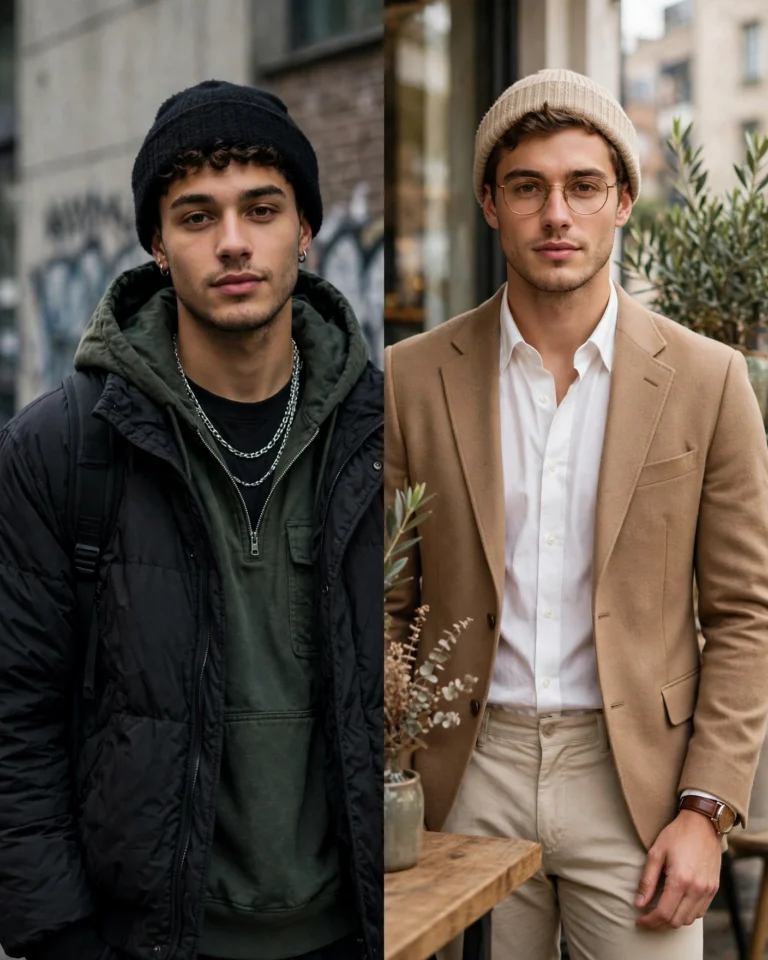 A horizontal split-frame editorial photograph. On the left side, a young man wears a dark grey wool-blend cap with a black hoodie, distressed denim, and white high-top canvas sneakers in an urban setting. On the right side, the same model wears the same style of wool cap paired with a navy unstructured blazer, white crew-neck tee, beige chinos, and suede Chelsea boots, photographed against a neutral indoor backdrop. The contrast between the two halves shows how the same accessory transitions from casual to smart casual contexts. Both images use soft natural lighting with a muted color palette.