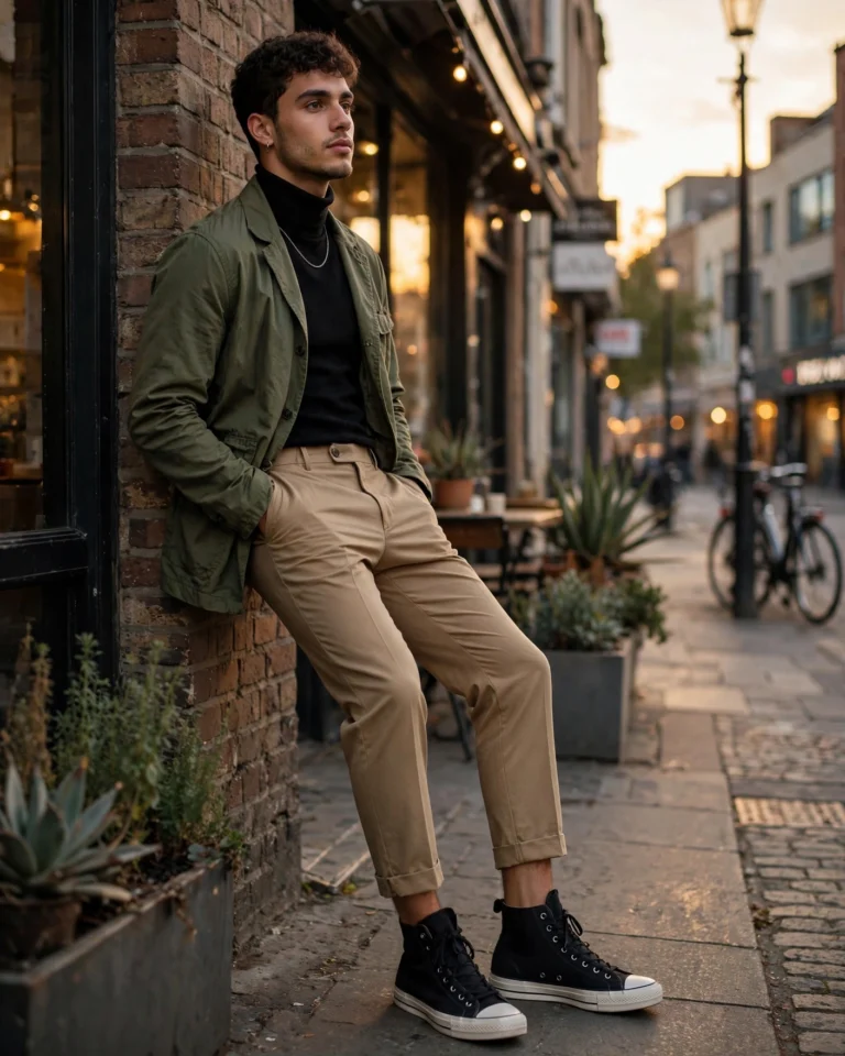 A full-body editorial photograph of a young man standing on a city sidewalk during golden hour. He wears classic black high-top canvas sneakers with padded ankle collars, cropped charcoal wool trousers that end just above the ankle, a white oxford shirt untucked, and a navy unstructured blazer. The late afternoon sun creates long shadows and warm highlights on the building behind him. His pose is relaxed with one hand in his pocket. The composition follows the rule of thirds, with the sneakers and cropped trouser hem as focal points demonstrating the proportions that make the pairing work.