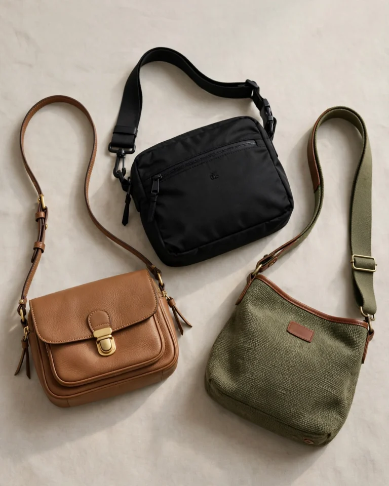 Three crossbody bags arranged in a triangular composition on a clean off-white background. A matte black urban crossbody in water-repellent technical fabric with a visible YKK two-way zip; a compact forest green crossbody in pebbled leather with an adjustable shoulder strap; and a burgundy crossbody with croc-embossed leather and a magnetic flap closure. Each bag is shown from a slightly different angle to display the strap, hardware, and main compartment. Soft directional lighting from the upper right creates gentle shadows that define the shapes and highlight the different material finishes — matte nylon, pebbled leather, and embossed leather.