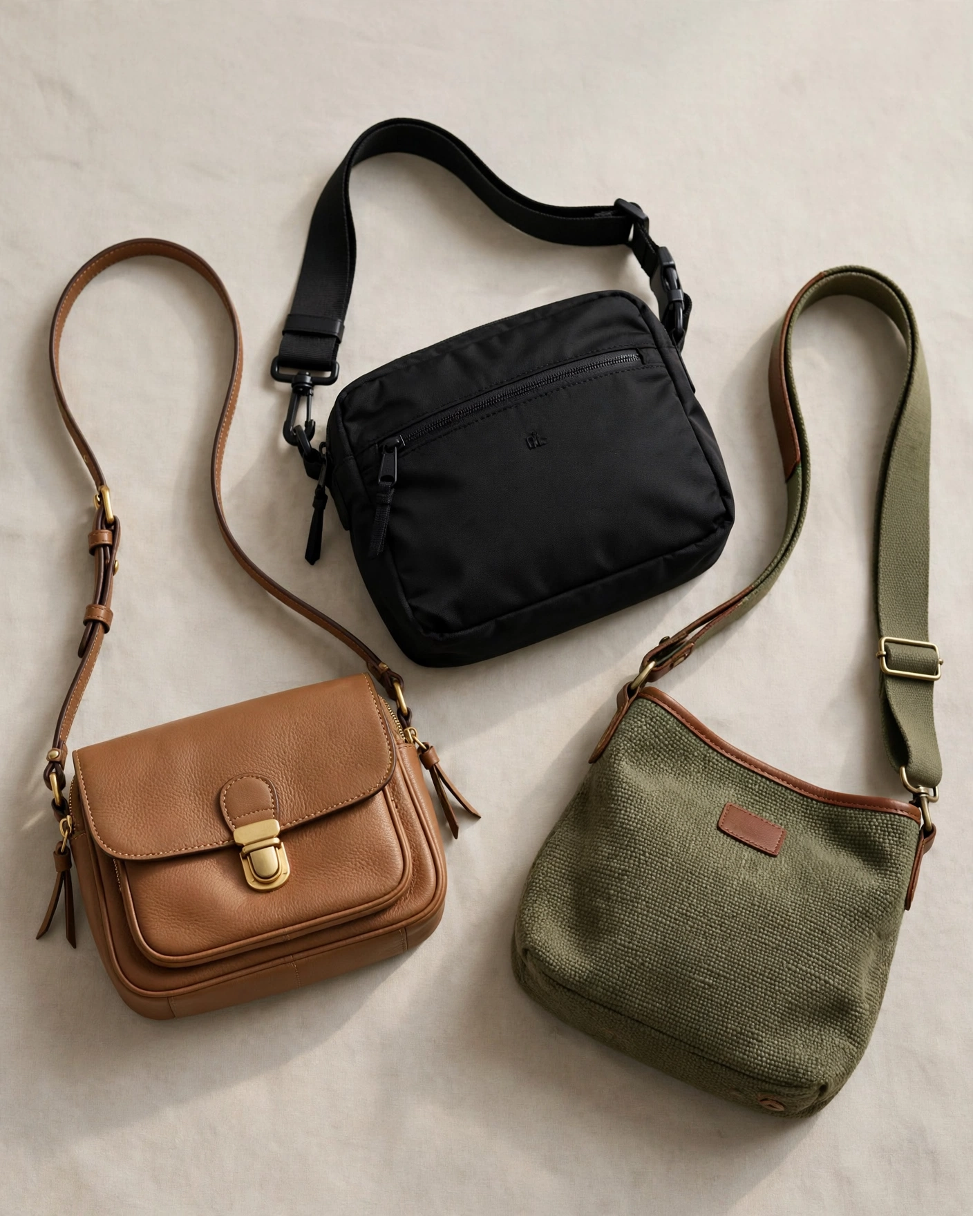 Three crossbody bags arranged in a triangular composition on a clean off-white background. A matte black urban crossbody in water-repellent technical fabric with a visible YKK two-way zip; a compact forest green crossbody in pebbled leather with an adjustable shoulder strap; and a burgundy crossbody with croc-embossed leather and a magnetic flap closure. Each bag is shown from a slightly different angle to display the strap, hardware, and main compartment. Soft directional lighting from the upper right creates gentle shadows that define the shapes and highlight the different material finishes — matte nylon, pebbled leather, and embossed leather.