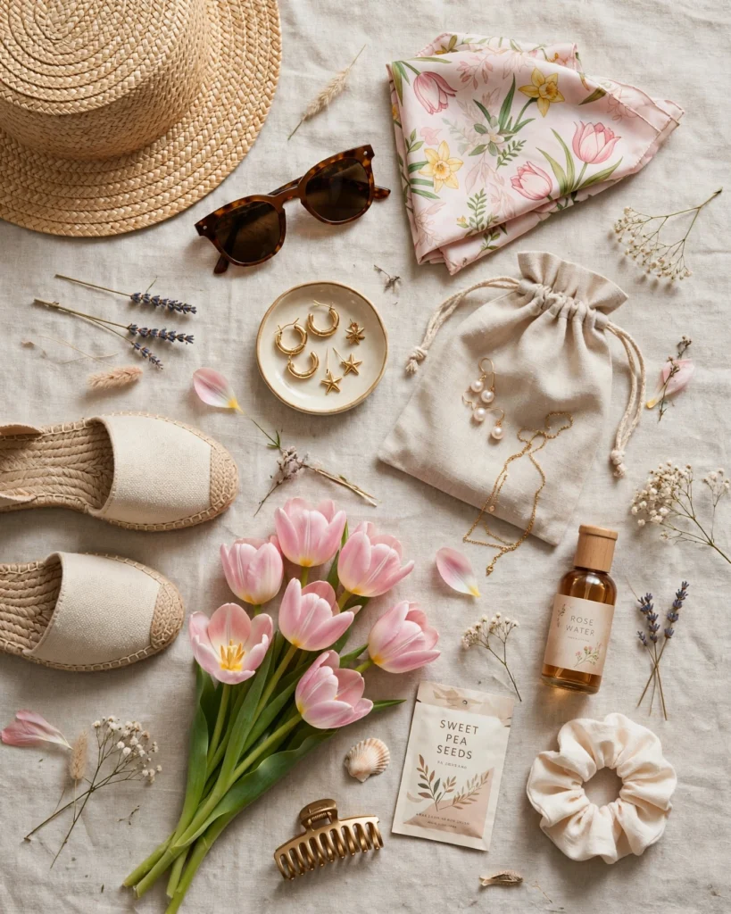 A flat-lay arrangement of transitional-season accessories on a natural undyed linen background. A light grey wool-blend cap with a curved brim, a navy foulard scarf with contrasting border folded once, classic aviator sunglasses with gold-tone frames and green lenses, and a minimalist wristwatch with a milanese mesh band and slim case. The arrangement creates a visual flow from top-left to bottom-right. Soft diffused lighting from above suggests overcast spring daylight. The colors are muted and earthy — greys, navy, gold, and the natural linen tone — evoking the transition between winter and summer wardrobes.