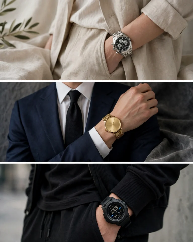 A three-panel horizontal composition showing watches styled with different outfits. Left panel: a casual white suede-strap watch paired with a white linen shirt and beige chinos on a sunlit terrace. Center panel: a modern milanese mesh watch paired with a dark navy suit cuff and white dress shirt against a neutral indoor background. Right panel: a white-dial leather-strap watch paired with a casual knit sweater and rolled denim in a cozy interior setting. Each watch is photographed close enough to read the dial details, with the outfit visible to provide styling context. Soft natural lighting throughout.