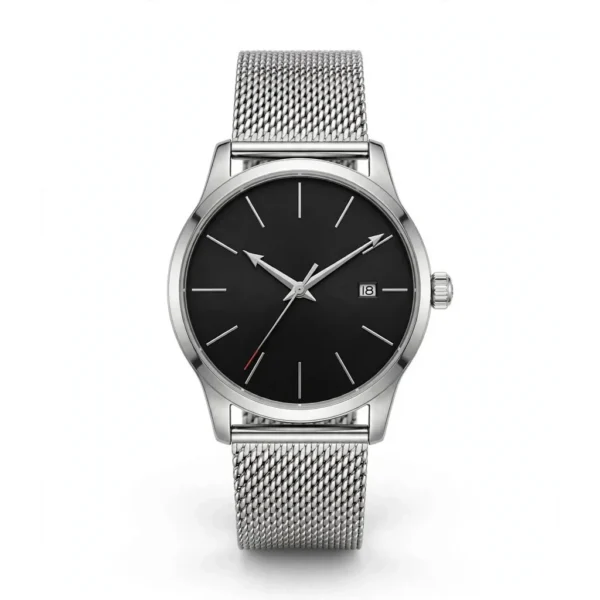 Modern Milanese Mesh Watch — IT Blacksmiths (Slim 38mm stainless case, black dial, brushed silver Milanese mesh bracelet. Quartz, date window, 3 ATM.)