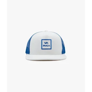 White Trucker Cap with Blue Mesh — IT Blacksmiths (White foam front panel with classic blue mesh back. Curved brim, snapback closure.)