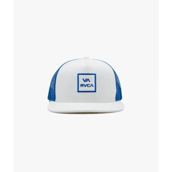 White Trucker Cap with Blue Mesh — IT Blacksmiths (White foam front panel with classic blue mesh back. Curved brim, snapback closure.)
