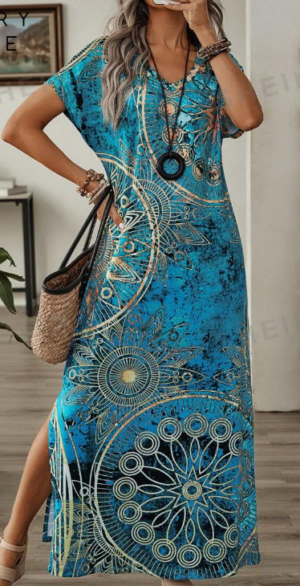 0018257d-d3cd-468f-907c-a94fe2fb5b84 Women's Vintage Floral Print V-Neck Batwing Sleeve Casual Summer Dress Maxi Women Dresses Long Dress