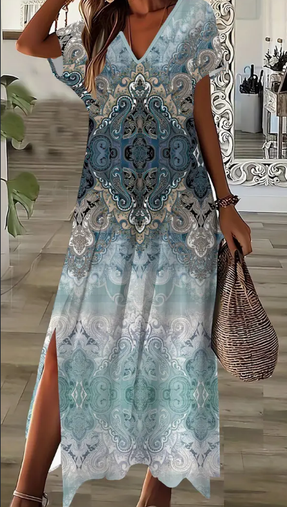 051f0d3d-d9d2-4be1-b978-5711a548ef42 Vibrant Plus Size Ethnic Print Longline Dress - Stylish Split Side, Casual Short Sleeve V Neck Design For Spring & Summer - Women's Plus Size Clothing For Confident Fashionistas