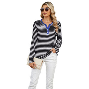 09c5fe9b-8787-4dc7-af75-291bb75f1ec3 Women's V-neck Striped Loose Long-sleeved T-shirt Top