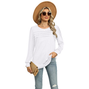 0bf5eb27-6865-4dae-adfb-da235397961b Solid Color U-neck Pleated Long-sleeved T-shirt Top For Women